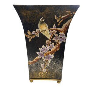 Hand-Painted Black & Gold Metal Vase With Bird & Floral Design